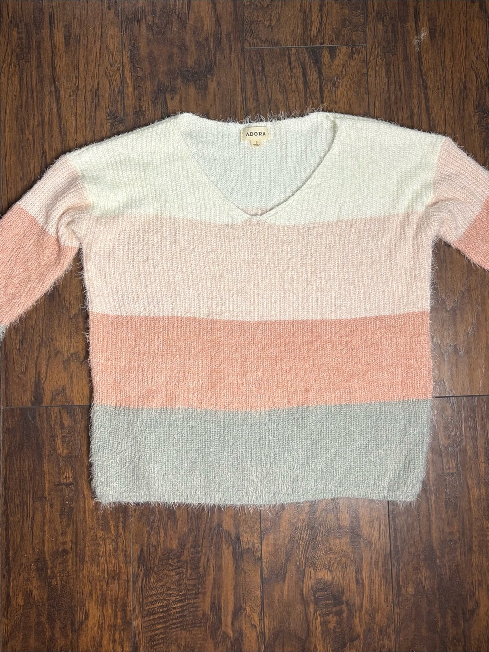 Adora Women's Striped V-Neck Sweater in Cream, Peach & Light Gray Size Small